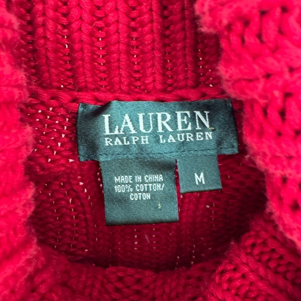 RALPH LAUREN Women's Cable Knit Turtleneck Sweater Pullover Sz M 100% Cotton Red - Picture 4 of 7